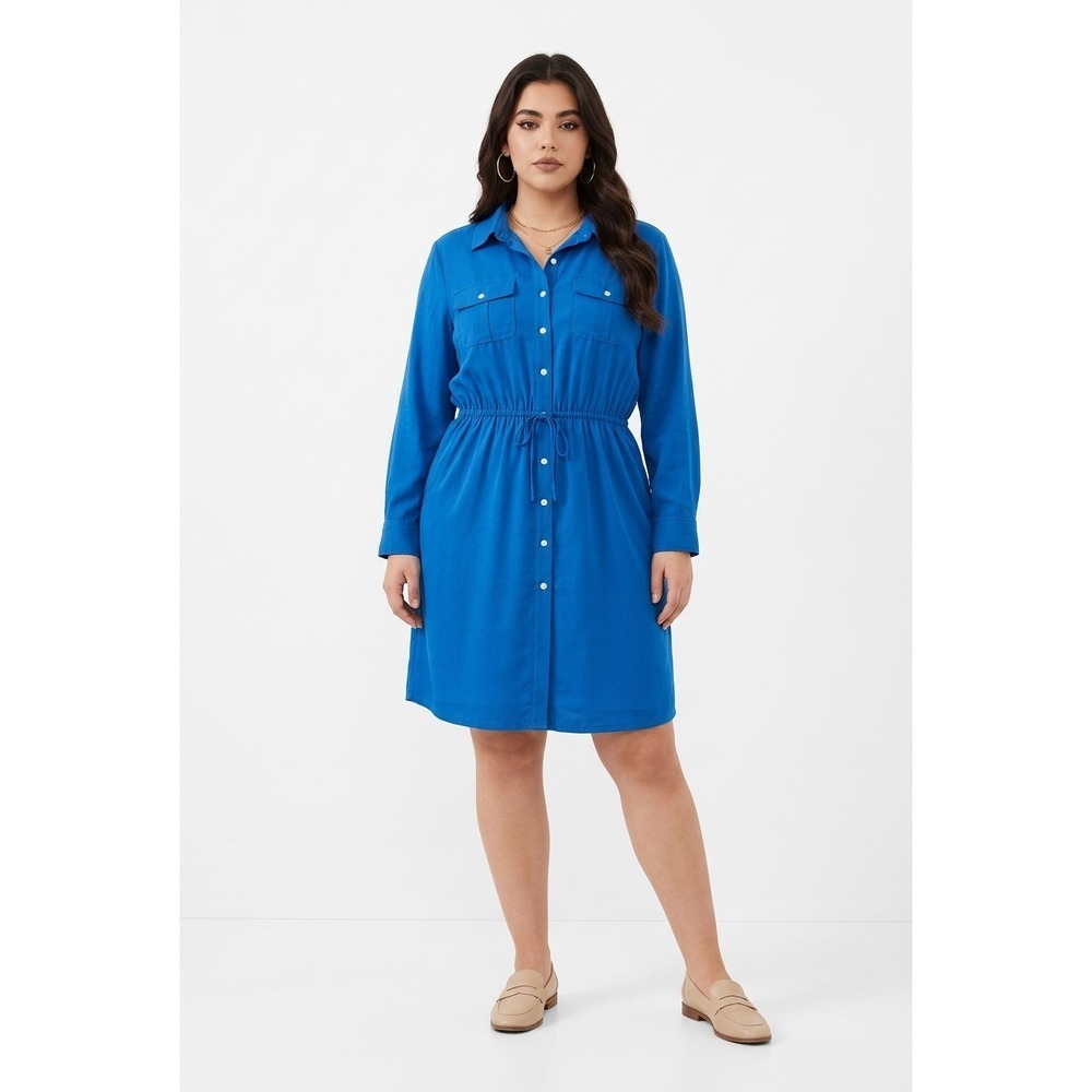 Lauren Ralph Lauren Blue Button Front Shirt Dress Drawstring Waist 14W